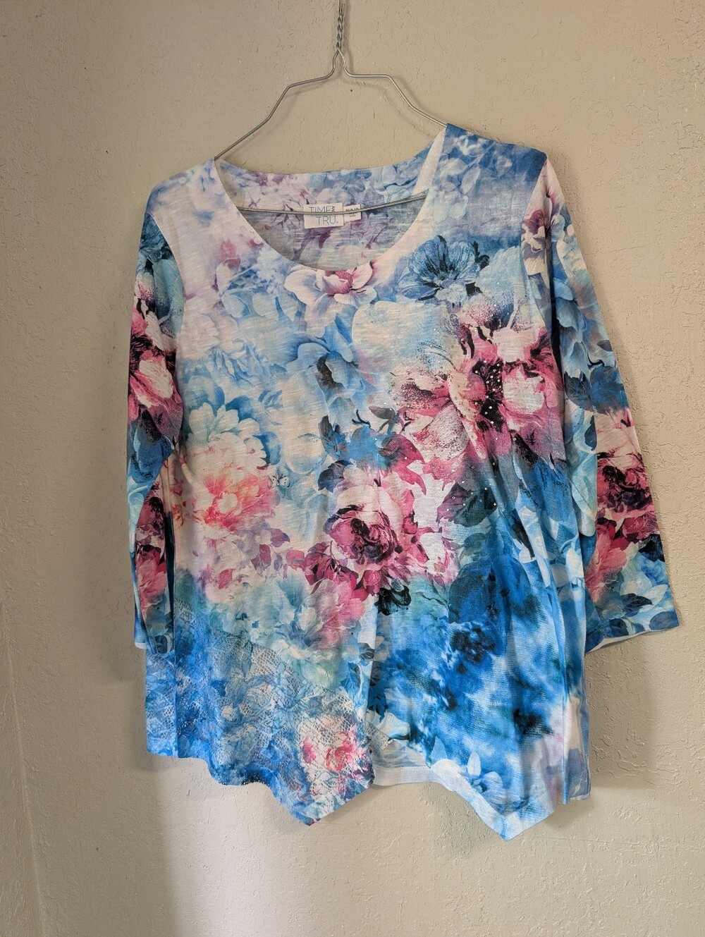Asymmetrical Hem Floral Top M Pink Blue Bling Lace Fairy Cottage Boho Flowy